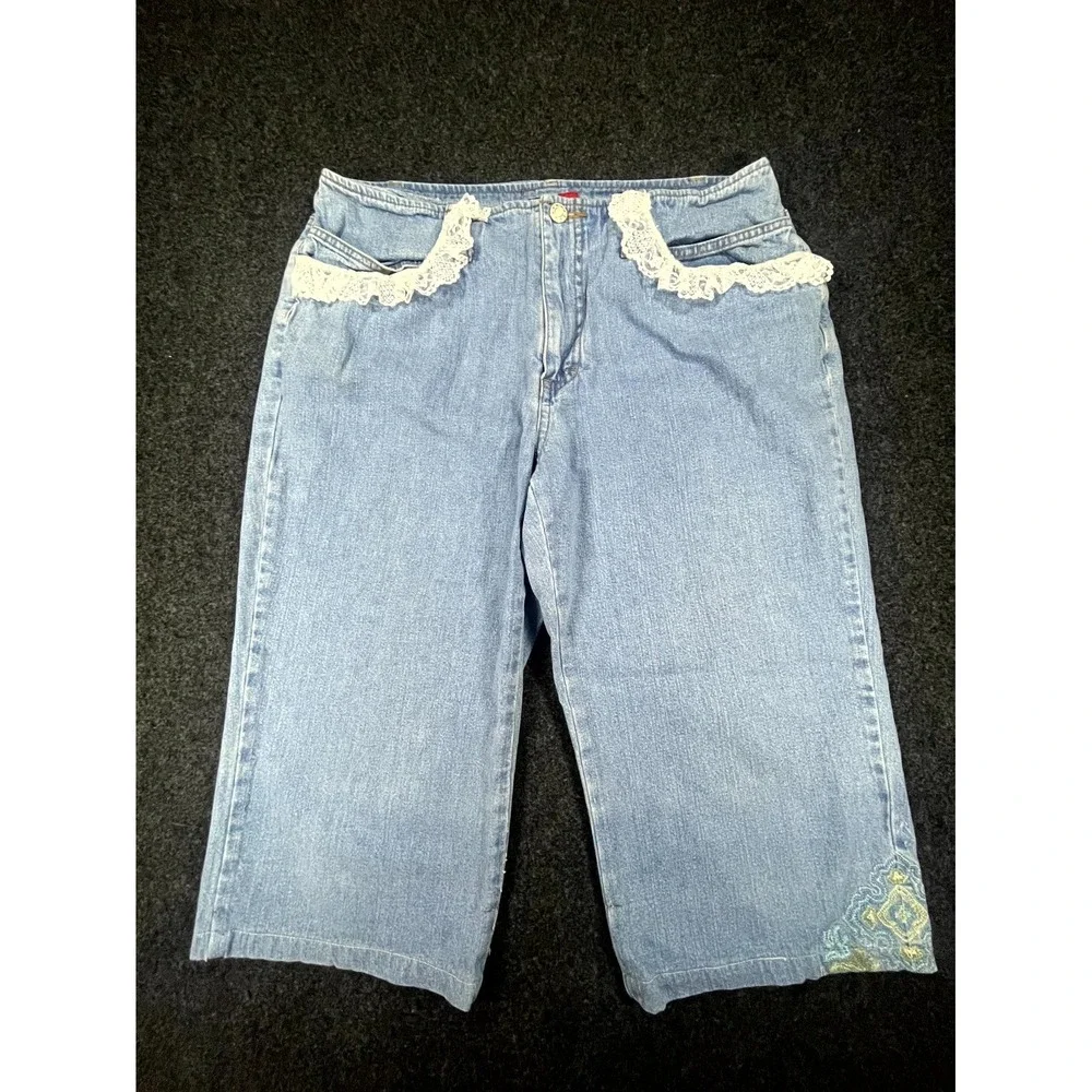 Y2K French Cuff Capri Jeans Women's 12 Blue Denim Embroidered Lace Trim Grunge